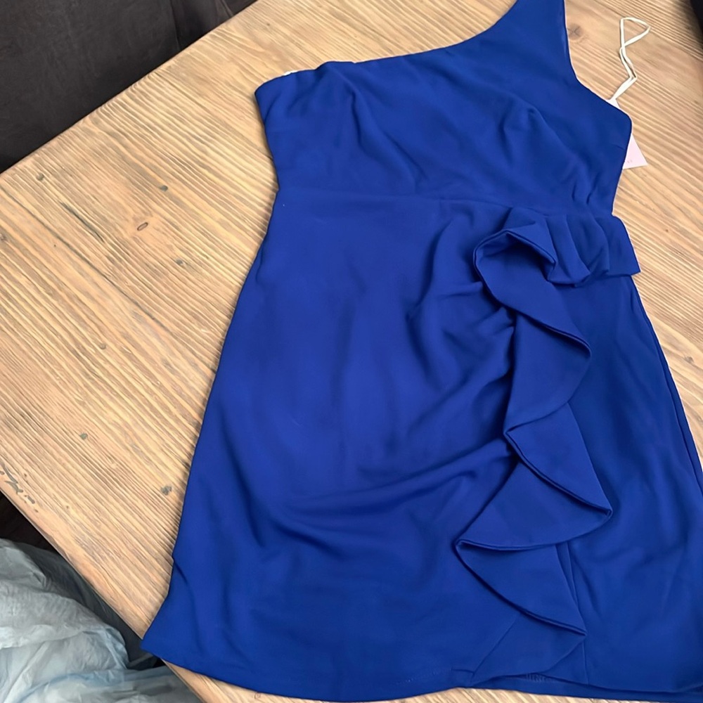 Hello Molly Backstage Passes One Shoulder Ruffled Mini Dress Cobalt Blue NWT